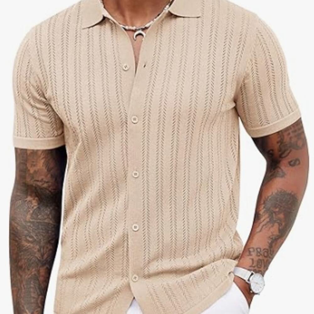 Men's Knit Short Sleeve Shirt Size XXL Breathable Casual Textured Beach